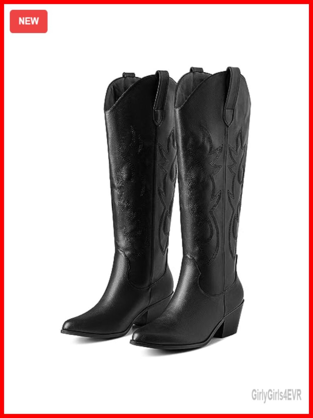 Embroidered Cowgirl Boots Women Pull-On Pointed Toe Mid Block Heel Vegan Leather